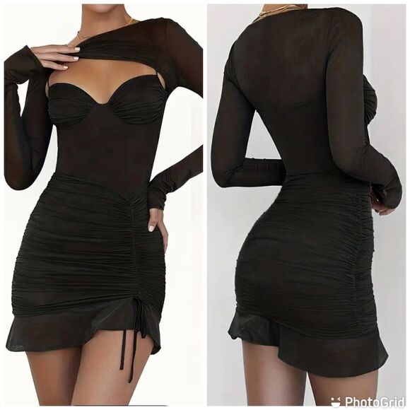 Sexy Drawstring Ruched Bodycon Mesh Asymmetrical Long Sleeve Cocktail Dress - Picture 1 of 14